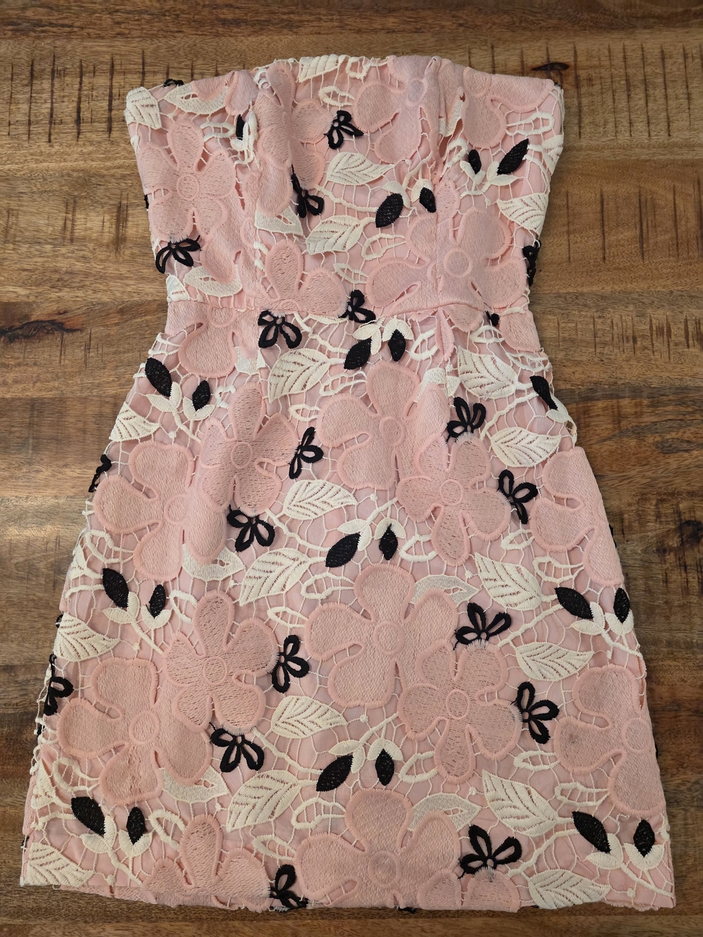 BB Dakota Pink Strapless Floral Lace Dress with Black & Cream Accents